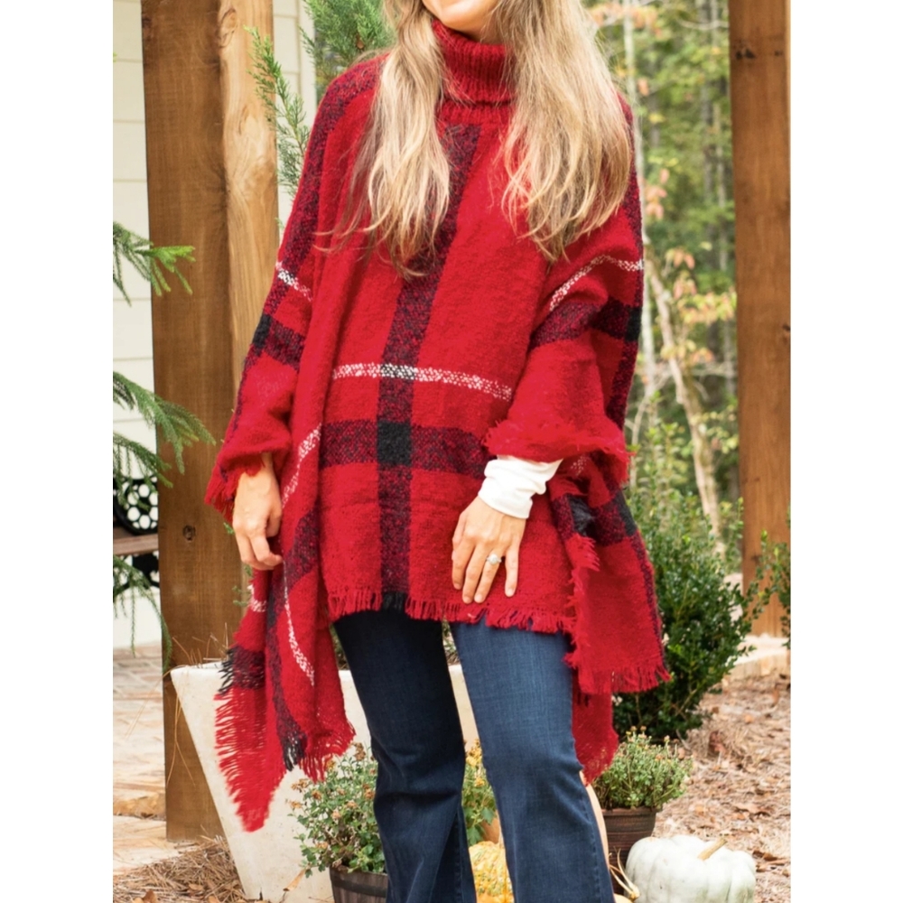 Easy On Me Plaid Turtleneck Poncho - Red - Picture 2 of 10
